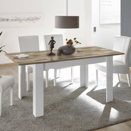 Table repas extensible blanc laqué brillant plateau aspect bois - ANTIRA