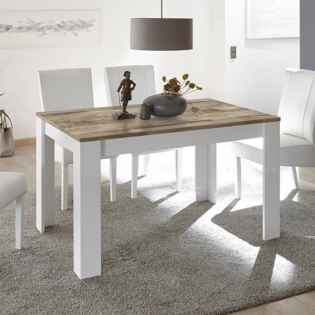 Table repas extensible blanc laqué brillant plateau aspect bois - ANTIRA