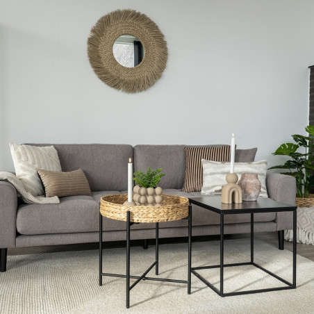 Table d'appoint plateau en jacinthe tressée, pieds métal noir - MAURA