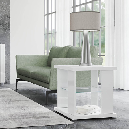 Table d'appoint laquée blanche avec étagère en verre - MARYSE
