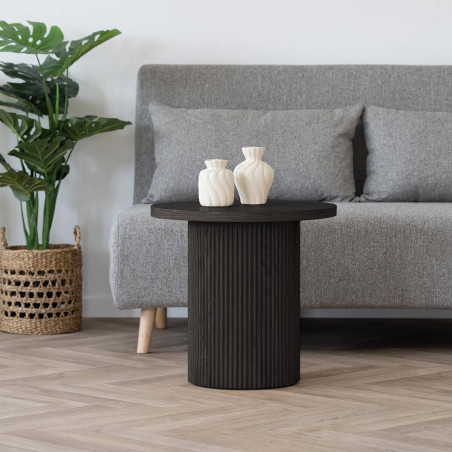 Table d'appoint ronde à pied central relief MDF effet bois foncé - ANKA