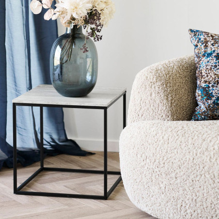 Bout de canapé carré acier et plateau aspect travertin - ELRALDOR