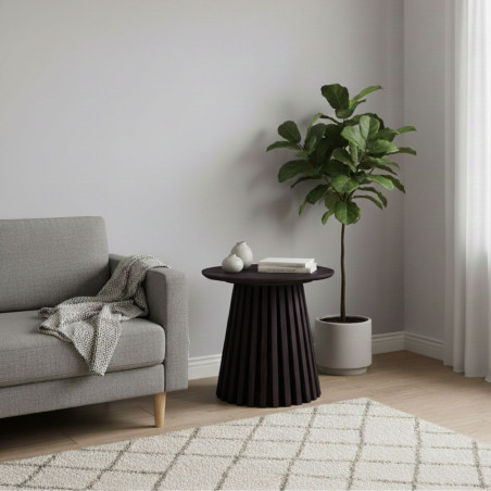 Bout de canapé rond pied central relief MDF placage chêne fumé - DUBLIA