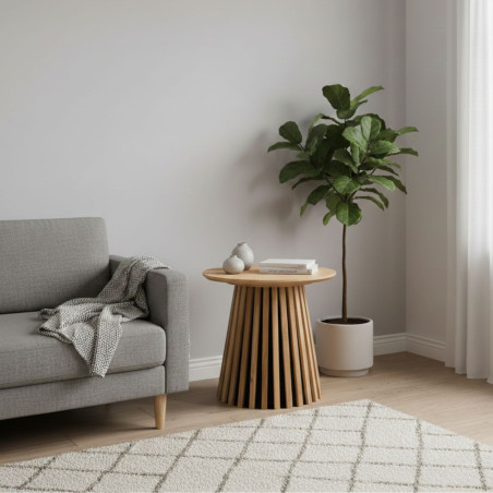 Bout de canapé rond pied central relief MDF placage chêne clair - DUBLIA