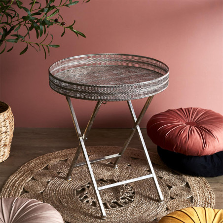 Table d'appoint décorative en métal argenté, pied pliable - QUAINA