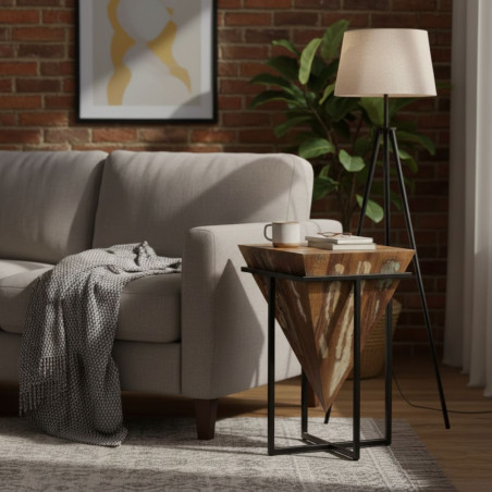 Table d'appoint H56cm pyramide inversée bois massif et métal noir - FINDEN