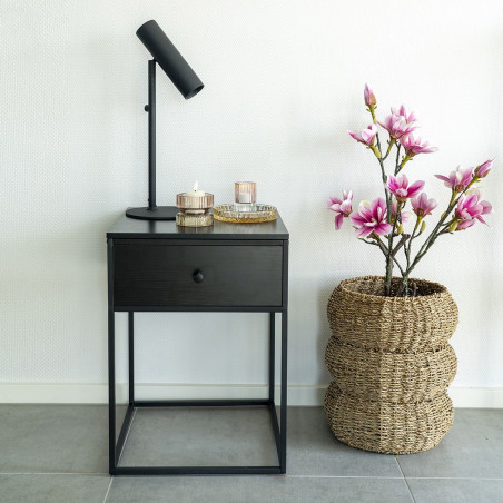 Bout de canapé carré 1 tiroir acier noir plateau aspect bois - HARNO