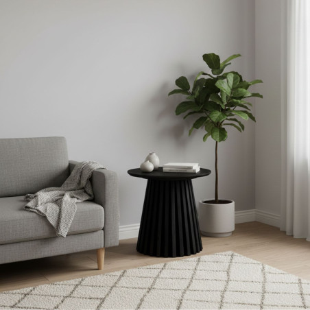 Bout de canapé rond avec pied central relief MDF placage chêne noir - DUBLIA