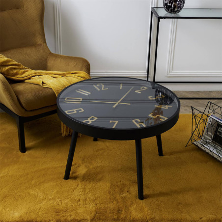 Table d'Appoint Ø70cm Horloge Silencieuse Noir et Or - ORTENSE