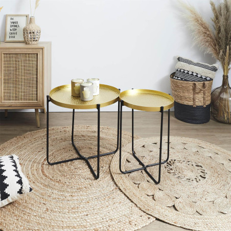 Table d'appoint D50 cm plateau métal doré martelé pieds métal noir - JOELE