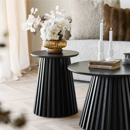 Table d'appoint ronde pied central relief MDF placage chêne noir - DUBLIA