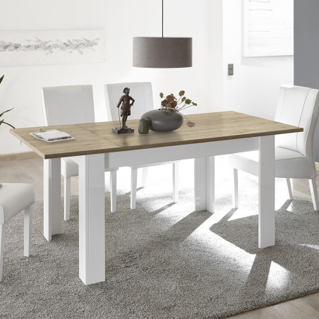 Table repas extensible blanc laqué plateau aspect bois - CADIRA