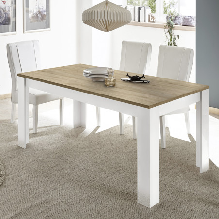 Table repas 180cm blanc laqué brillant plateau aspect bois - CADIRA