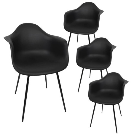 Lot de 4 Chaises Coque Accoudoirs Noires Piètement Métal - OMIRA