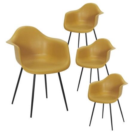 Lot de 4 Chaises Coque Accoudoirs Jaunes Piètement Métal - OMIRA