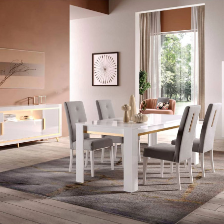 Table repas 190cm laquée blanc décor doré - ALEON