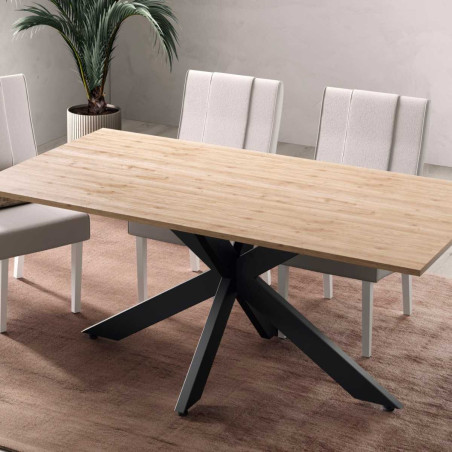 Table repas 180cm plateau aspect bois pieds araignée métal noir - ATHENOR