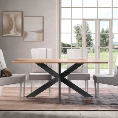 Table repas 180cm plateau aspect bois pieds araignée métal noir - ATHENOR