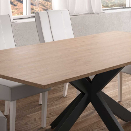 Table repas 180cm plateau aspect bois pieds araignée métal noir - ATHENOR