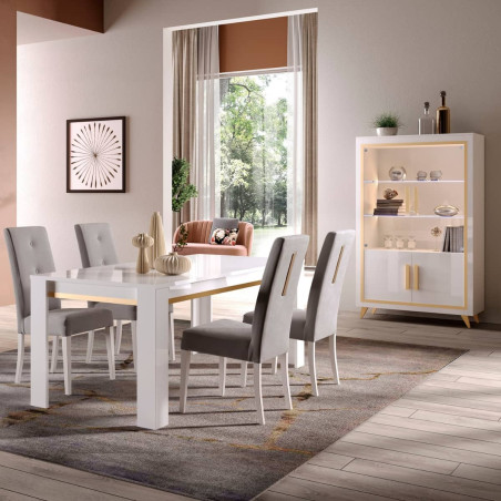 Table repas 160cm laquée blanc brillant décor doré - ALEON