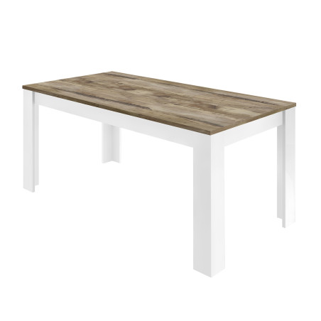 Table repas 180 cm blanc laqué brillant plateau bois vieilli - ANTIRA