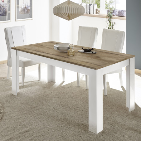 Table repas 180 cm blanc laqué brillant plateau bois vieilli - ANTIRA