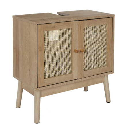 Meuble sous vasque 2 portes effet bois et façades rotin - MAYRO