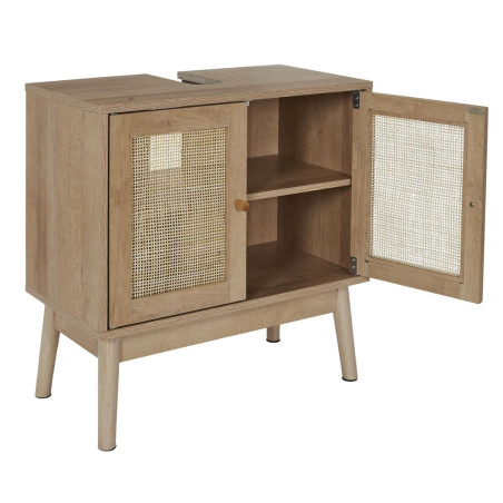 Meuble sous vasque 2 portes effet bois et façades rotin - MAYRO