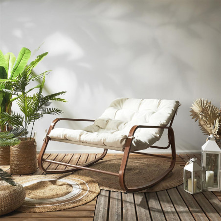 Fauteuil à Bascule Effet Bois avec Coussin Capitonné - VIDEN