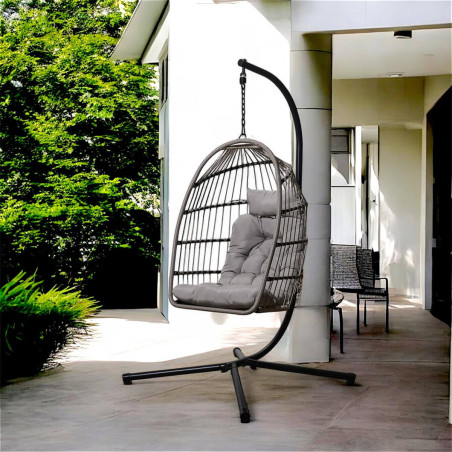 Fauteuil Suspendu Gris en Métal et Plastique Imitation Rotin - ALVEOLE