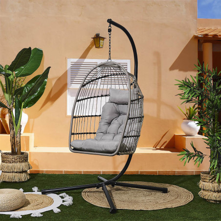 Fauteuil Suspendu Gris en Métal et Plastique Imitation Rotin - ALVEOLE