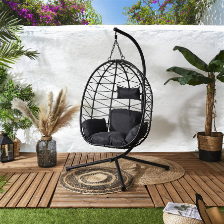 Fauteuil suspendu rotin synthétique, pied métal noir - MARANA