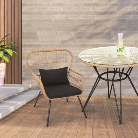 Fauteuil noir avec dossier et accoudoirs tressés - JAKIO
