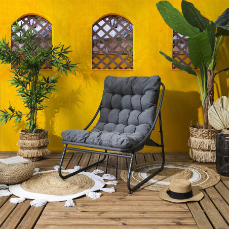 Fauteuil de jardin en métal et textilène gris avec coussin - DOLIRA