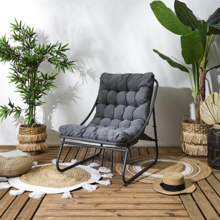 Fauteuil de jardin en métal et textilène gris avec coussin - DOLIRA
