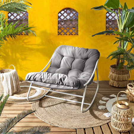 Fauteuil à Bascule Métal Blanc et Textilène Taupe - SABIRA