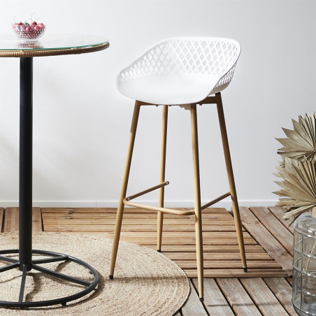 Lot de 2 tabourets blancs pieds effet bois verni - TARENI