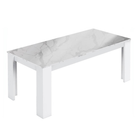 Table repas 160cm laquée blanc brillant plateau imitation marbre - CHRISA