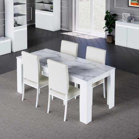 Table repas 160cm laquée blanc brillant plateau imitation marbre - CHRISA