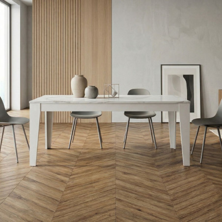 Table repas 160 cm laqué blanche plateau marbré pieds biseautés - TARAC
