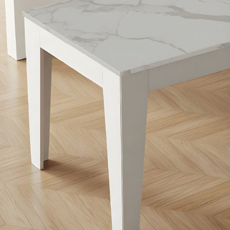 Table repas 190 cm laqué blanche plateau marbré pieds biseautés - TARAC