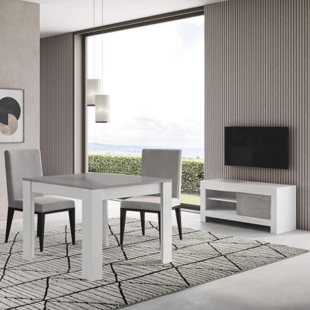 Table repas rectangulaire 190cm laquée blanc brillant et gris marbré - DENEA