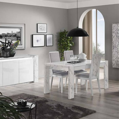 Table repas rectangulaire 190cm laquée blanc effet marbre - BELANA