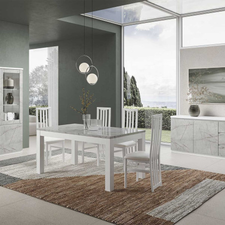 Table repas rectangulaire 190cm laquée blanc et gris marbré - DEYTA
