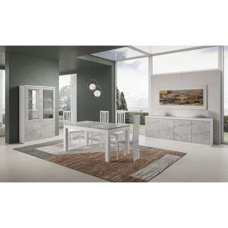 Table repas rectangulaire 160cm laquée blanc et gris marbré - DEYTA