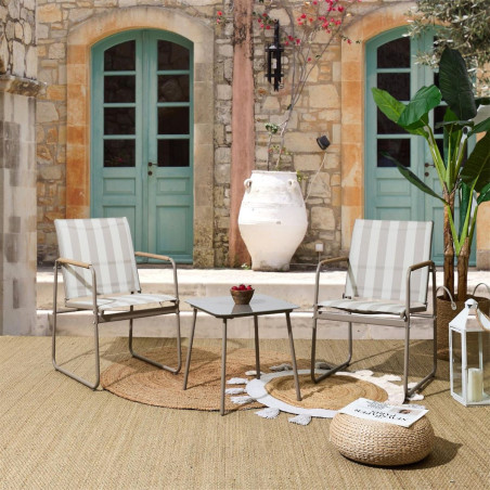 Ensemble jardin 2 fauteuils avec table motifs rayures moka et crème - KASBAH