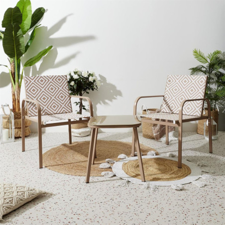 Ensemble jardin 2 fauteuils avec table basse motifs graphiques moka - INKA