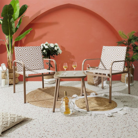 Ensemble jardin 2 fauteuils avec table basse motifs graphiques moka - INKA