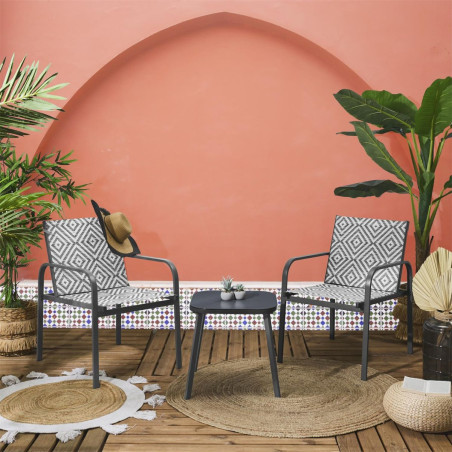 Ensemble jardin 2 fauteuils avec table basse graphiques gris - INKA