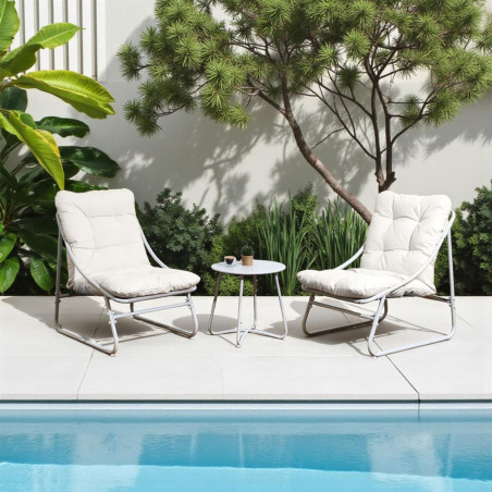 Ensemble jardin 2 fauteuils assise coussin capitonné + table beige - CALYPSO